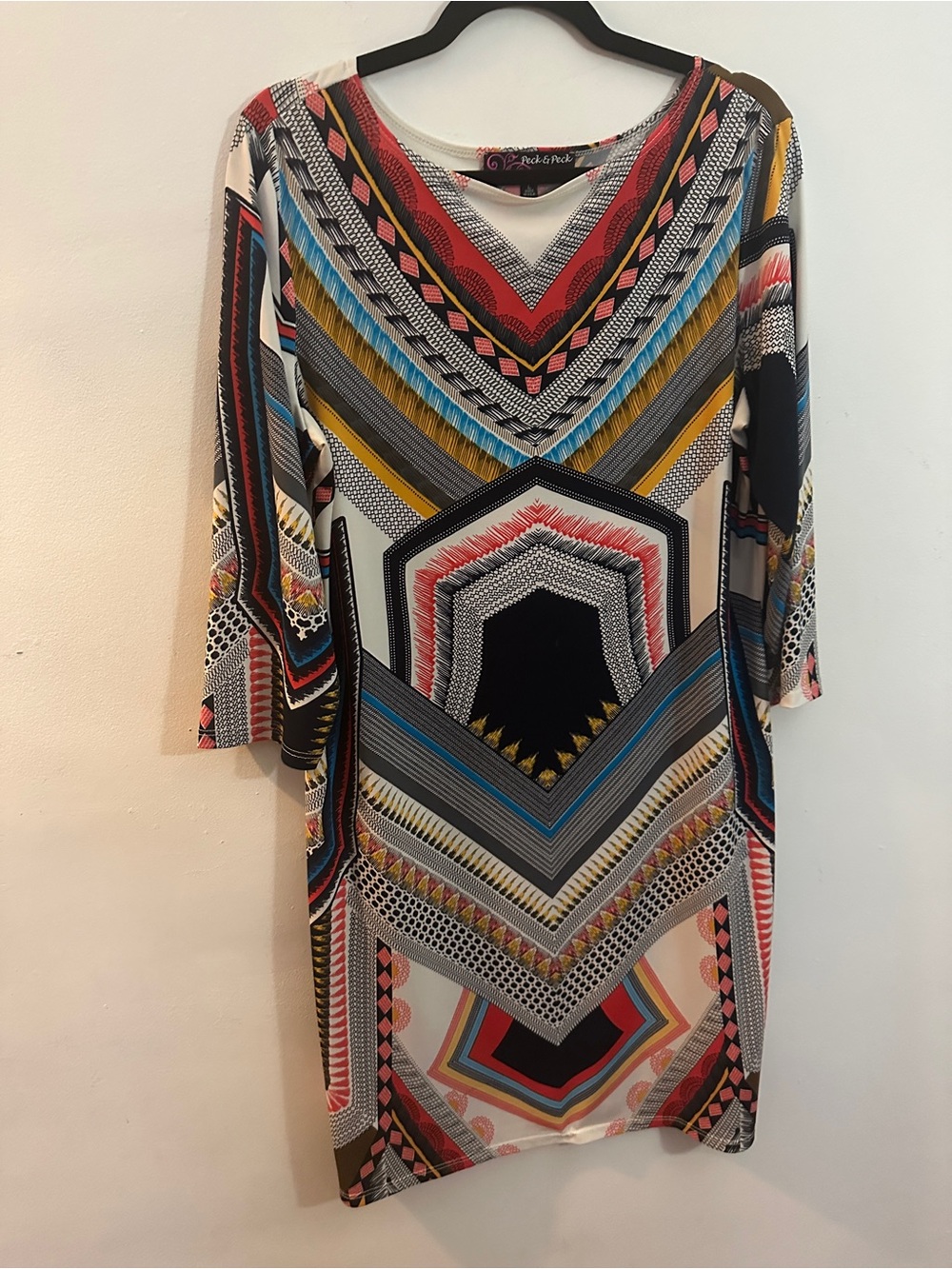 Peck & Peck Multicolor Geometric V-Neck Long Sleeve Dress